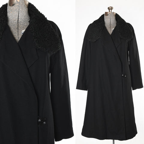 vintage 1920s black wool asymmetrical double breasted midi wool coat with loop wool v point collar shown close up of bodice left image and full coat on dress form right image on white background