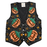 true vintage 1980s black sequin orange green sequin beaded jack o lanterns and gold bronze stars vest in black shown on white background