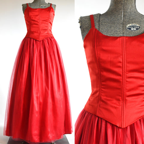 Vintage 1990s Y2K Medium Red Satin Boned Bodice Tulle Ball Gown | by Scott McClintock