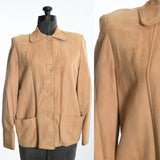 vintage 1950s tan genuine suede jacket with 4 matching plastic front center buttons and two front hip pockets shown on dress form left image with close up of upper bodice shoulder right image all on white background