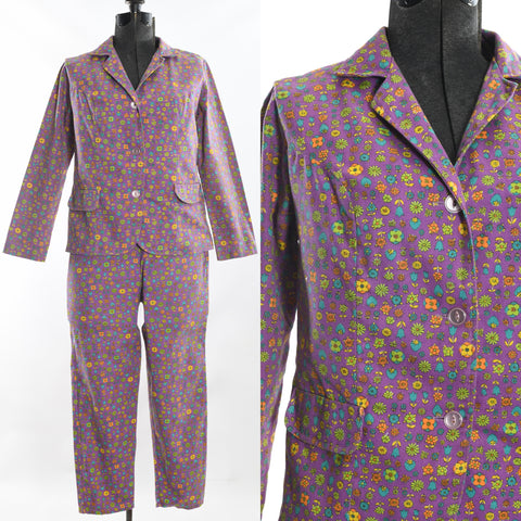 true vintage 1960s purple bright florals pants suit with jacket and pants shown on dress form left image and close up of bodice fabric right image all on white background