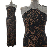 true vintage 1990s black copper glitter swirl gold thin metal necklace collar halter maxi dress shown on dress form full length left image with close up detail of bodice on dress form right image all on white background