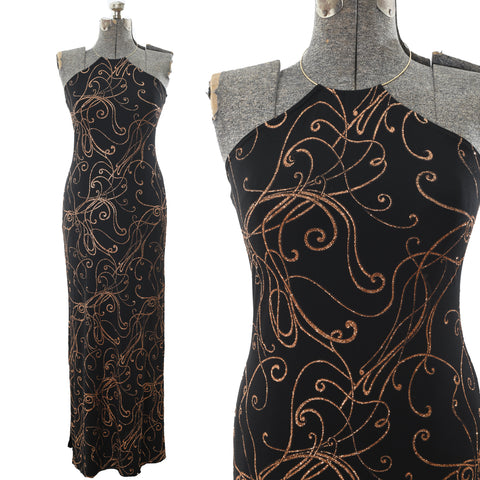 true vintage 1990s black copper glitter swirl gold thin metal necklace collar halter maxi dress shown on dress form full length left image with close up detail of bodice on dress form right image all on white background