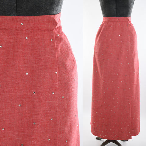 vintage 1950s red cotton denim maxi wrap skirt with scattered rhinestones showing waist close up left image with full skirt on dress form right image all on white background