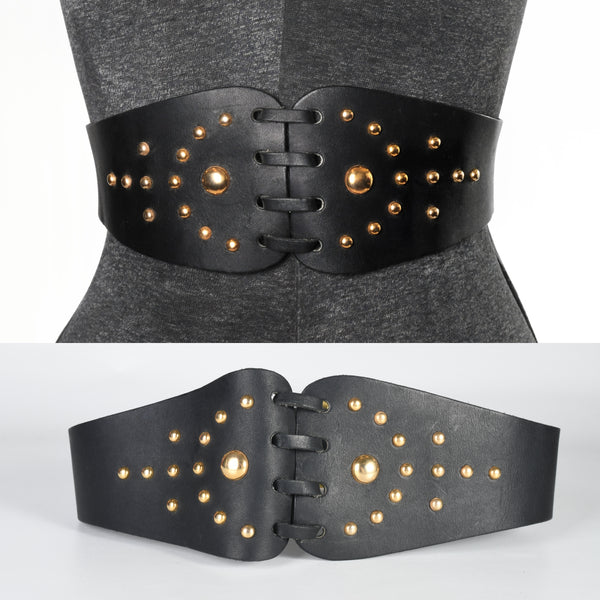 Vintage 1960s XS - Small Black Wide Leather Metal Studded