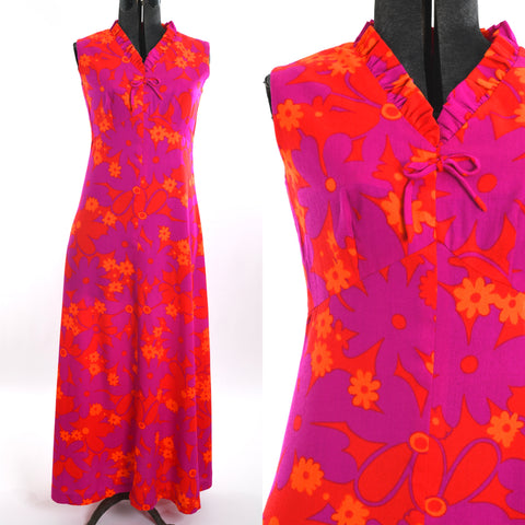 true vintage late 60s early 70s bright purple and orange daisy print day-glo sleeveless maxi dress shown on dress form left image with bodice closeup right image all on white background