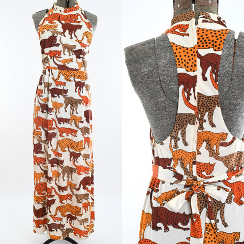 true vintage white background orange brown spotted crouching wild cats novelty print sleeveless  maxi dress shown on dress form left image and close up of t back shown all on white background