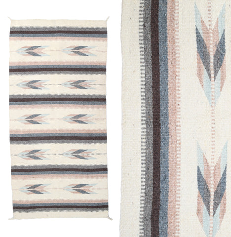 true vintage 1970s southwestern arrows pattern rug in natural hues of cream, blue, pale orange, charcoal gray shown full rug on left image with close up of vertical weave pattern right image all on white background