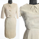 vintage 1960s beige three quarter sleeve jacket 3 button matching wiggle dress set shown on dress form left image with close up of dress bodice without jacket right image all on white background