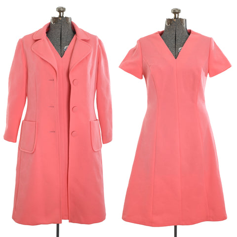 true vintage 1970s two piece matching long sleeve jacket and short sleeve dress shown on dress form left image with jacket open and dress on right image on dress form in bubble gum pink all on white background
