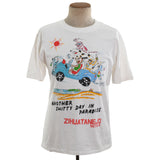 true vintage 1980s white novelty print tourist shirt showing wild various dogs driving an open top jeep and hanging out all areas holding beverages going fast with a beach in the background with words that say Another Shitty Day in Paradise Zihuatanejo Mexico shown on dress form with white background