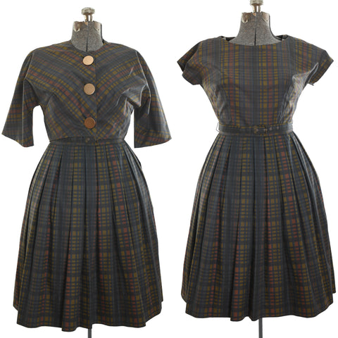true vintage late 50s early 60s dark charcoal, orange, yellow, navyplaid dress with matching 1/2 sleeve jacket and full shirt shown with jacket on dress form left image and short sleeve dress on dress form right image all on white background