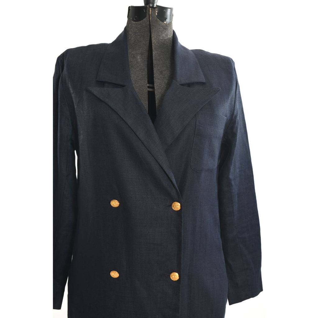 Vintage 1980s Navy Linen Double Breasted Dress Duster Coat | Small