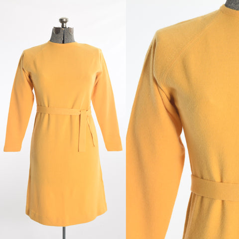 vintage 1970s goldenrod yellow long sleeve sweater dress with matching belt