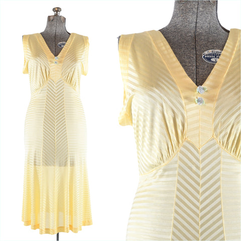 vintage 40s yellow gored skirt acetate below the knee striped sleeveless nightgown