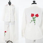 vintage 1970s 2 piece white high waisted flare pants shirt set with rose appliqués by JC Penney