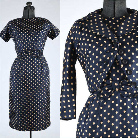 vintage 1950s 1960s navy cream comma pattern jacket dress set with front waist bow by Montego