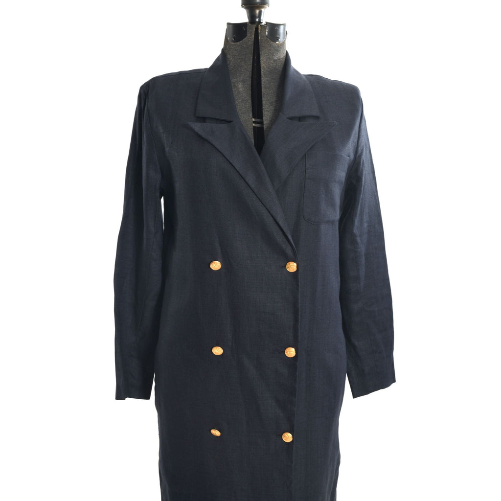 Vintage 1980s Navy Linen Double Breasted Dress Duster Coat | Small