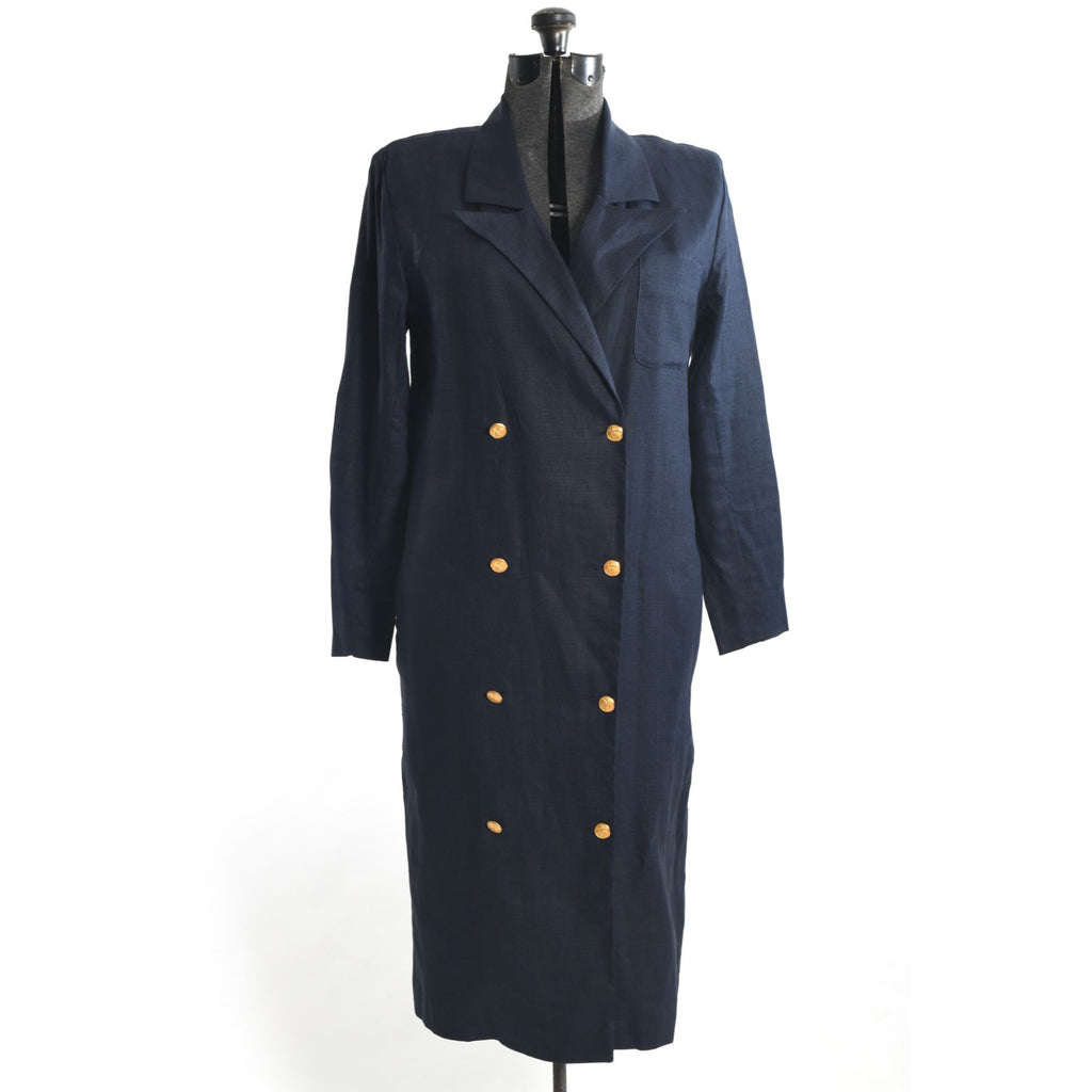 Vintage popular 1980s Navy Linen Double Breasted Duster Coat