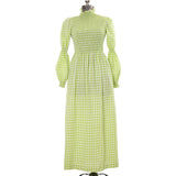 vintage 1970s spring green white gingham ruched bodice maxi prairie dress with high collar