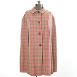 vintage 1960s pink green plaid cape, front arm slits, 4 center green buttons with collar