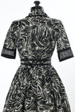 Vintage 1950s Green Black Abstract Stripes Shirt Waist Day Dress   |   Small