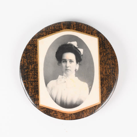 1900s antique pocket school portrait pocket mirror featuring dark haired young women in period clothing made to look like a frame with white and trimmed in gold color