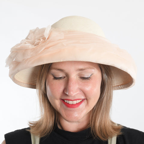 vintage 1950s early 1960s bone cream straw picture hat trimmed with pale peach silk organza folds by Schiaparelli 