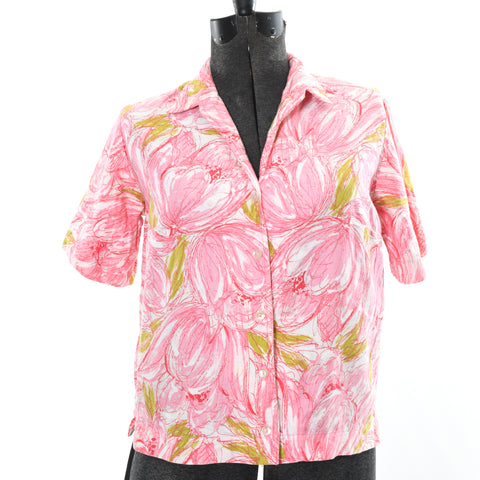 vintage 1960s pink tulip print cotton short sleeve button up shirt