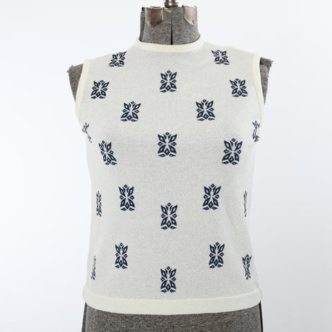 vintage 1960s cream boucle sleeveless sweater shirt with navy tiki pattern print