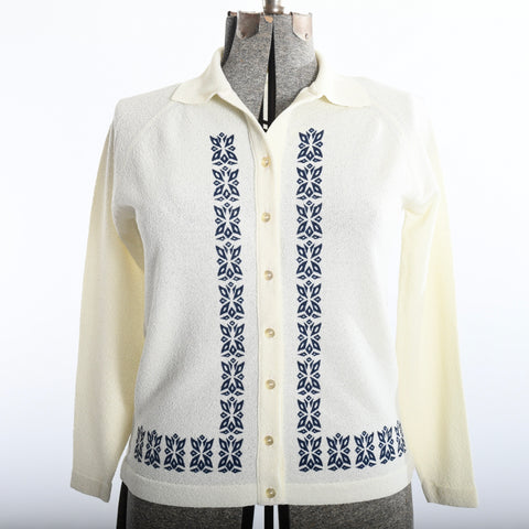 cream button front boucle knit cardigan with geometric navy design along front button placket vintage 1960s