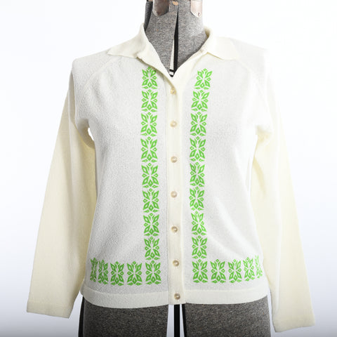 vintage 1960s cream boucle knit cardigan sweater with lime green tiki print