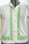 Vintage 1960s Cream Bouclé Knit Lime Green Tiki Print Cardigan Sweater  |  Large XL  |  by Talbott Travler
