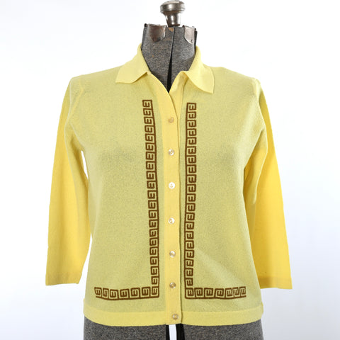 vintage 1960s yellow boucle knit brown geometric print accent trim button up cardigan