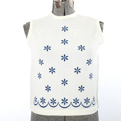 vintage 1960s cream boucle floral navy print sleeveless shirt