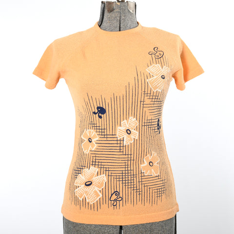 vintage 1960s orange boucle rabbit flower print short sleeve shirt