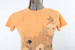 Vintage 1960s Orange Bouclé Knit Rabbit Flower Print Short Sleeve Shirt  |  Medium  |  by Talbott Travler