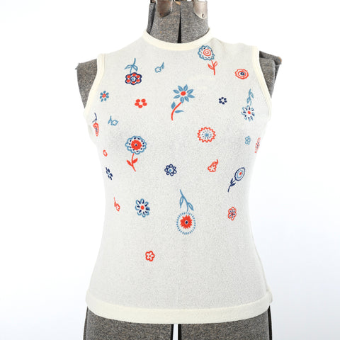 vintage 1960s cream boucle knit orange blue floral pattern sleeveless shirt