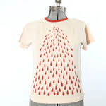 vintage 1960s beige boucle knit burnt orange rain drops print short sleeve shirt