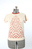 Vintage 1960s Beige Bouclé Knit Burnt Orange Drops Print Short Sleeve Shirt  |  Large  |  by Talbott Travler