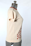 Vintage 1960s Beige Bouclé Knit Burnt Orange Drops Print Short Sleeve Shirt  |  Large  |  by Talbott Travler