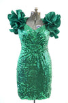 Vintage 1980s Green Sequined Wounded Ruffle Shoulder Mini Dress  | Size XL | by Alyce Designs