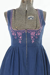 Vintage 1970s Blue Polka Dot Pink Balcony Bust Dirndl Dress  | Petite Large