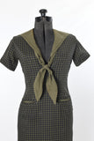 Vintage 1950s Black Olive Green Check Wiggle Dress  | Small  |  by Helen Whiting