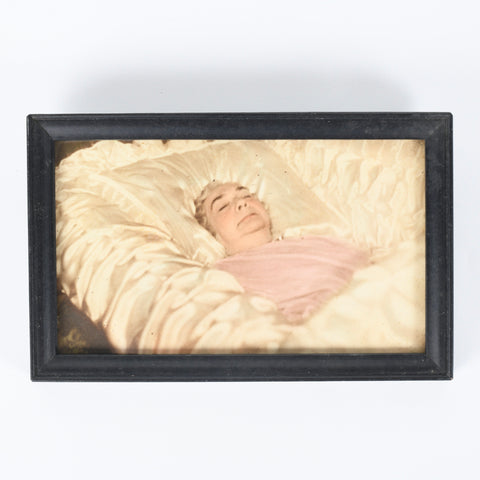 vintage 1940 framed post mortem photography hand tinted woman lying in casket wearing pink