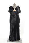 Vintage 1930s Black Satin Caped Flutter Sleeve Bias Cut Maxi Evening Gown  | Plus Size