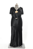 Vintage 1930s Black Satin Caped Flutter Sleeve Bias Cut Maxi Evening Gown  | Plus Size