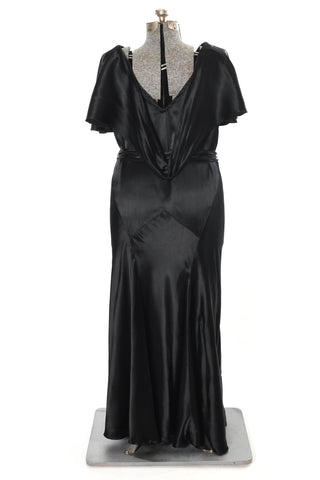 Vintage 1930s Black Satin Caped Flutter Sleeve Bias Cut Maxi