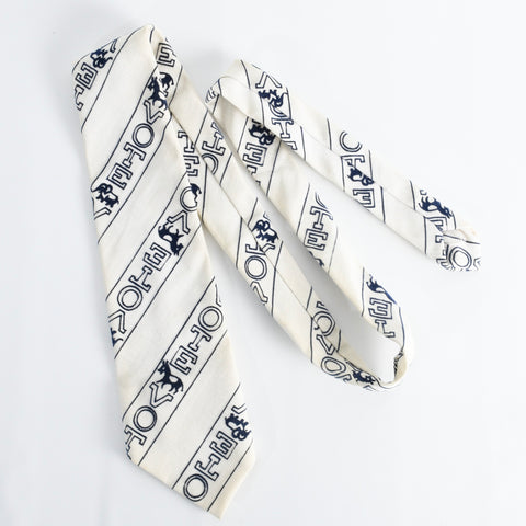 1970s vintage white navy blue flocked Vote print with elephants and donkeys wide necktie