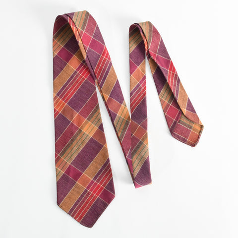 vintage 1930s burgundy orange green plaid wool necktie cravat